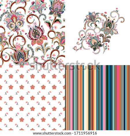 Set of seamless floral pattern with fantasy flowers and line. Embroidery template in complement. Hand drawn texture for clothes, bedclothes, fabric of the dress etc. Pastel pink, blue, beige.