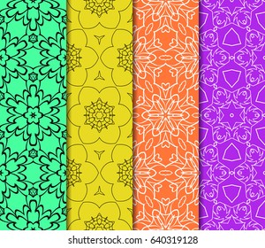 Set of seamless floral pattern with geometric texture. Ornament for interior design, greeting cards, birthday or wedding invitations, fabric print.