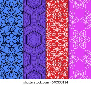 Set of seamless floral pattern with geometric texture. Ornament for interior design, greeting cards, birthday or wedding invitations, fabric print.