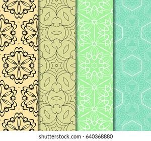 Set of seamless floral pattern with geometric texture. Ornament for interior design, greeting cards, birthday or wedding invitations, fabric print.