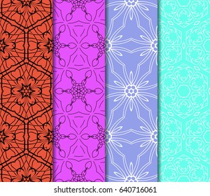 Set of seamless floral pattern with geometric texture. Ornament for interior design, greeting cards, birthday or wedding invitations, fabric print.