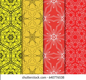 Set of seamless floral pattern with geometric texture. Ornament for interior design, greeting cards, birthday or wedding invitations, fabric print.