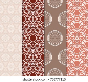 Set of seamless floral pattern with geometric texture. Ornament for interior design, greeting cards, birthday or wedding invitations, fabric print. Ethnic background in arabian style.