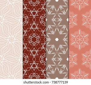 Set of seamless floral pattern with geometric texture. Ornament for interior design, greeting cards, birthday or wedding invitations, fabric print. Ethnic background in arabian style.