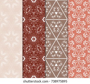 Set of seamless floral pattern with geometric texture. Ornament for interior design, greeting cards, birthday or wedding invitations, fabric print. Ethnic background in arabian style.