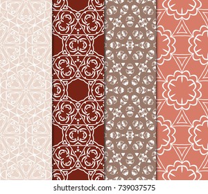 Set of seamless floral pattern with geometric texture. Ornament for interior design, greeting cards, birthday or wedding invitations, fabric print. Ethnic background in arabian style.