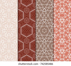 Set of seamless floral pattern with geometric texture. Ornament for interior design, greeting cards, birthday or wedding invitations, fabric print. Ethnic background in arabian style.