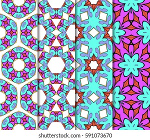 Set of seamless floral pattern with hand drawn texture. Ornament for interior design, greeting cards, birthday or wedding invitations, fabric print. Ethnic background in arabian style.