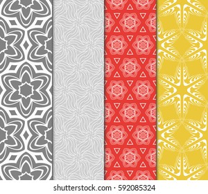 Set of seamless floral pattern with hand drawn texture. Ornament for interior design, greeting cards, birthday or wedding invitations, fabric print. Ethnic background in arabian style.