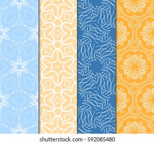 Set of seamless floral pattern with hand drawn texture. Ornament for interior design, greeting cards, birthday or wedding invitations, fabric print. Ethnic background in arabian style.