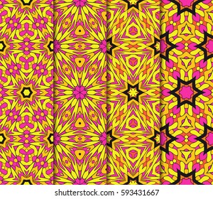 Set of seamless floral pattern with hand drawn texture. Ornament for interior design, greeting cards, birthday or wedding invitations, fabric print. Ethnic background in arabian style.