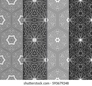 Set of seamless floral pattern with hand drawn texture. Ornament for interior design, greeting cards, birthday or wedding invitations, fabric print. Ethnic background in arabian style.