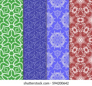 Set of seamless floral pattern with hand drawn texture. Ornament for interior design, greeting cards, birthday or wedding invitations, fabric print. Ethnic background in arabian style.