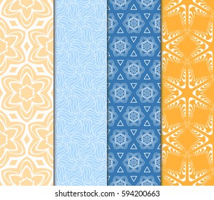 Set of seamless floral pattern with hand drawn texture. Ornament for interior design, greeting cards, birthday or wedding invitations, fabric print. Ethnic background in arabian style.