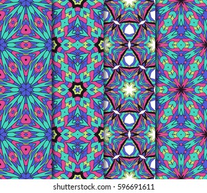 Set of seamless floral pattern with hand drawn texture. Ornament for interior design, greeting cards, birthday or wedding invitations, fabric print. Ethnic background in arabian style.