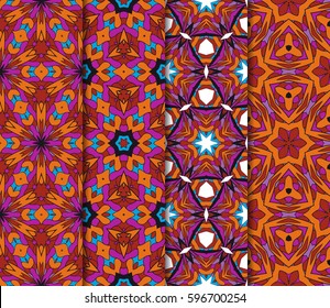 Set of seamless floral pattern with hand drawn texture. Ornament for interior design, greeting cards, birthday or wedding invitations, fabric print. Ethnic background in arabian style.