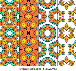 Set of seamless floral pattern with hand drawn texture. Ornament for interior design, greeting cards, birthday or wedding invitations, fabric print. Ethnic background in arabian style.