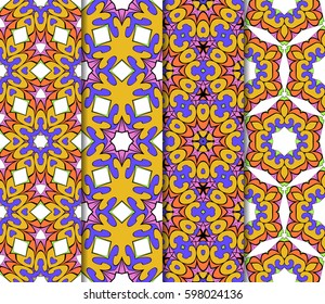Set of seamless floral pattern with hand drawn texture. Ornament for interior design, greeting cards, birthday or wedding invitations, fabric print. Ethnic background in arabian style.