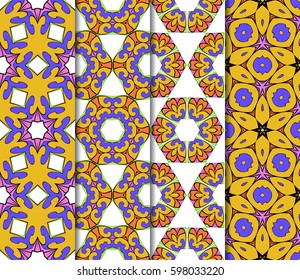 Set of seamless floral pattern with hand drawn texture. Ornament for interior design, greeting cards, birthday or wedding invitations, fabric print. Ethnic background in arabian style.