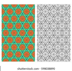 Set of seamless floral pattern with hand drawn texture. Ornament for interior design, greeting cards, birthday or wedding invitations, fabric print. Ethnic background in arabian style.