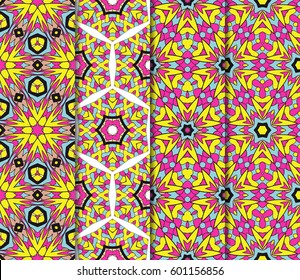 Set of seamless floral pattern with hand drawn texture. Ornament for interior design, greeting cards, birthday or wedding invitations, fabric print. Ethnic background in arabian style.
