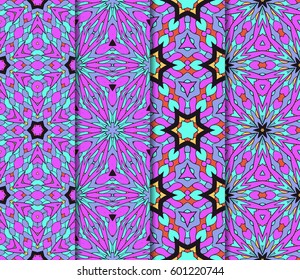 Set of seamless floral pattern with hand drawn texture. Ornament for interior design, greeting cards, birthday or wedding invitations, fabric print. Ethnic background in arabian style.