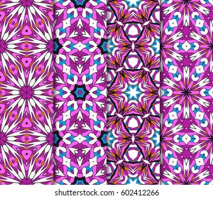 Set of seamless floral pattern with hand drawn texture. Ornament for interior design, greeting cards, birthday or wedding invitations, fabric print. Ethnic background in arabian style.