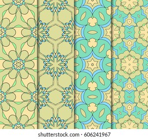 Set of seamless floral pattern with hand drawn texture. Ornament for interior design, greeting cards, birthday or wedding invitations, fabric print. Ethnic background in arabian style.
