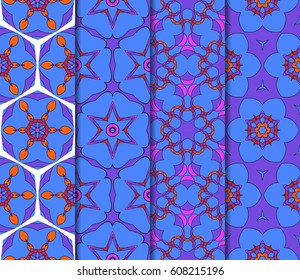 Set of seamless floral pattern with hand drawn texture. Ornament for interior design, greeting cards, birthday or wedding invitations, fabric print. Ethnic background in arabian style.