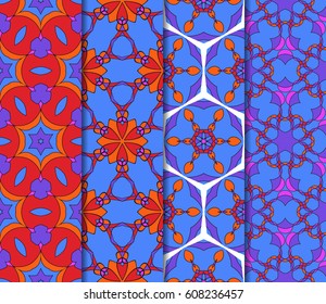 Set of seamless floral pattern with hand drawn texture. Ornament for interior design, greeting cards, birthday or wedding invitations, fabric print. Ethnic background in arabian style.