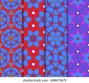 Set of seamless floral pattern with hand drawn texture. Ornament for interior design, greeting cards, birthday or wedding invitations, fabric print. Ethnic background in arabian style.