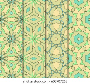 Set of seamless floral pattern with hand drawn texture. Ornament for interior design, greeting cards, birthday or wedding invitations, fabric print. Ethnic background in arabian style.