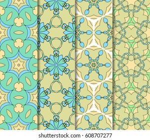 Set of seamless floral pattern with hand drawn texture. Ornament for interior design, greeting cards, birthday or wedding invitations, fabric print. Ethnic background in arabian style.