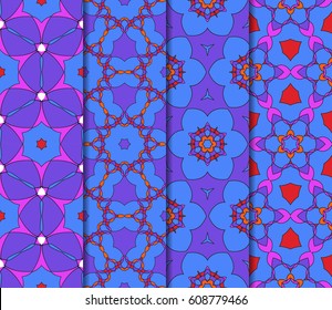 Set of seamless floral pattern with hand drawn texture. Ornament for interior design, greeting cards, birthday or wedding invitations, fabric print. Ethnic background in arabian style.