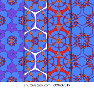 Set of seamless floral pattern with hand drawn texture. Ornament for interior design, greeting cards, birthday or wedding invitations, fabric print. Ethnic background in arabian style.