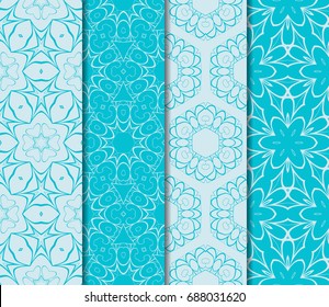 set of seamless floral pattern with hand drawn texture. vector illustration. blue color