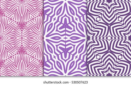 set of seamless floral pattern in purple color. For greeting card, interior design. Vector.