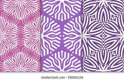 set of seamless floral pattern in purple color. For greeting card, interior design. Vector.