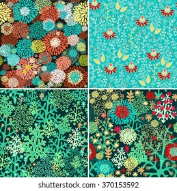 Set of seamless floral pattern, sea anemone, algae