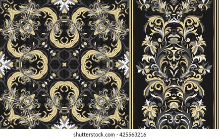Set of seamless floral pattern and wide border for design. Hand draw vector Illustration. Seamless background with flowers. Gold gray white tone on black