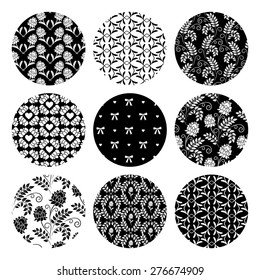 Set of seamless floral patterns. Black and white vector illustration.