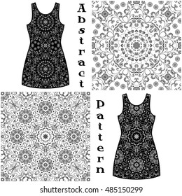 Set Seamless Floral Patterns, Black Symbolical Contours Isolated on White Background, Elements for Your Design, Prints and Banners, For the Example Presented in a Dress. Vector