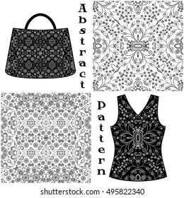 Set Seamless Floral Patterns, Black Contours Isolated on White Background, Elements for Your Design, Prints and Banners, For the Example Presented in a Female Top and a Bag. Vector
