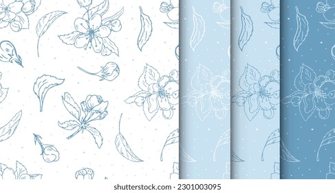 Set of seamless floral patterns with blue flowers. Hand drawn cherry flowers print for design, textile, fabric, wrapping.