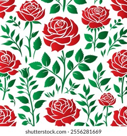 Set of seamless floral patterns. Branches of red roses on a white background