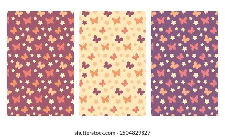 Set of seamless floral patterns with butterflies and daisies, silhouette