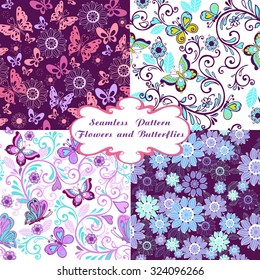 Set of seamless floral patterns with butterflies and hearts.