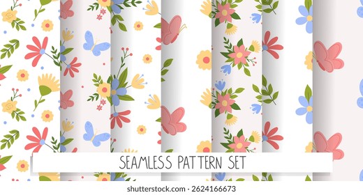 Set with seamless floral patterns with butterfly. Collection of kids cute prints for textile wrapping scrap paper. Simple bright vector illustration