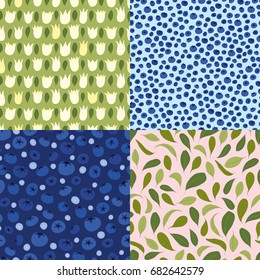 Set of seamless floral patterns, colorful patterns with flowers and berries