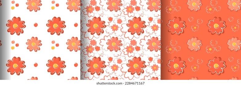 Conjunto de estampados florales sin fisuras con flores rojas adorables sobre telas blancas y rojas. Ilustración vectorial en estilo plano. Diseño para tela, papel de envoltura, fondo, papel pintado, moda infantil.